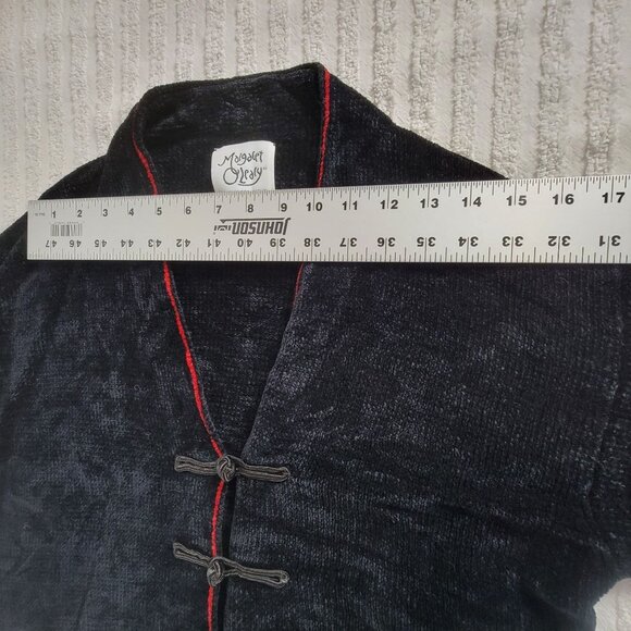 Margaret OLeary Black Chenille Long Cardigan Jacket With Red Trim & Frog Closure - Picture 5 of 7